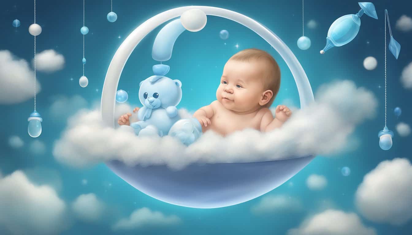 A floating baby mobile with blue toys, a dream bubble, and a negative pregnancy test