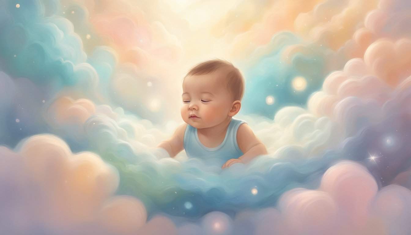 A baby boy floats in a dreamy, ethereal space, surrounded by soft pastel colors and gentle, swirling shapes. The atmosphere is peaceful and serene, evoking a sense of wonder and anticipation