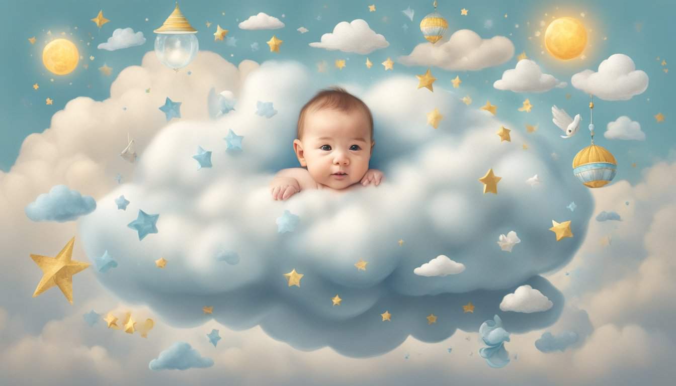 A baby boy emerging from a dream cloud, surrounded by symbols of birth and fertility