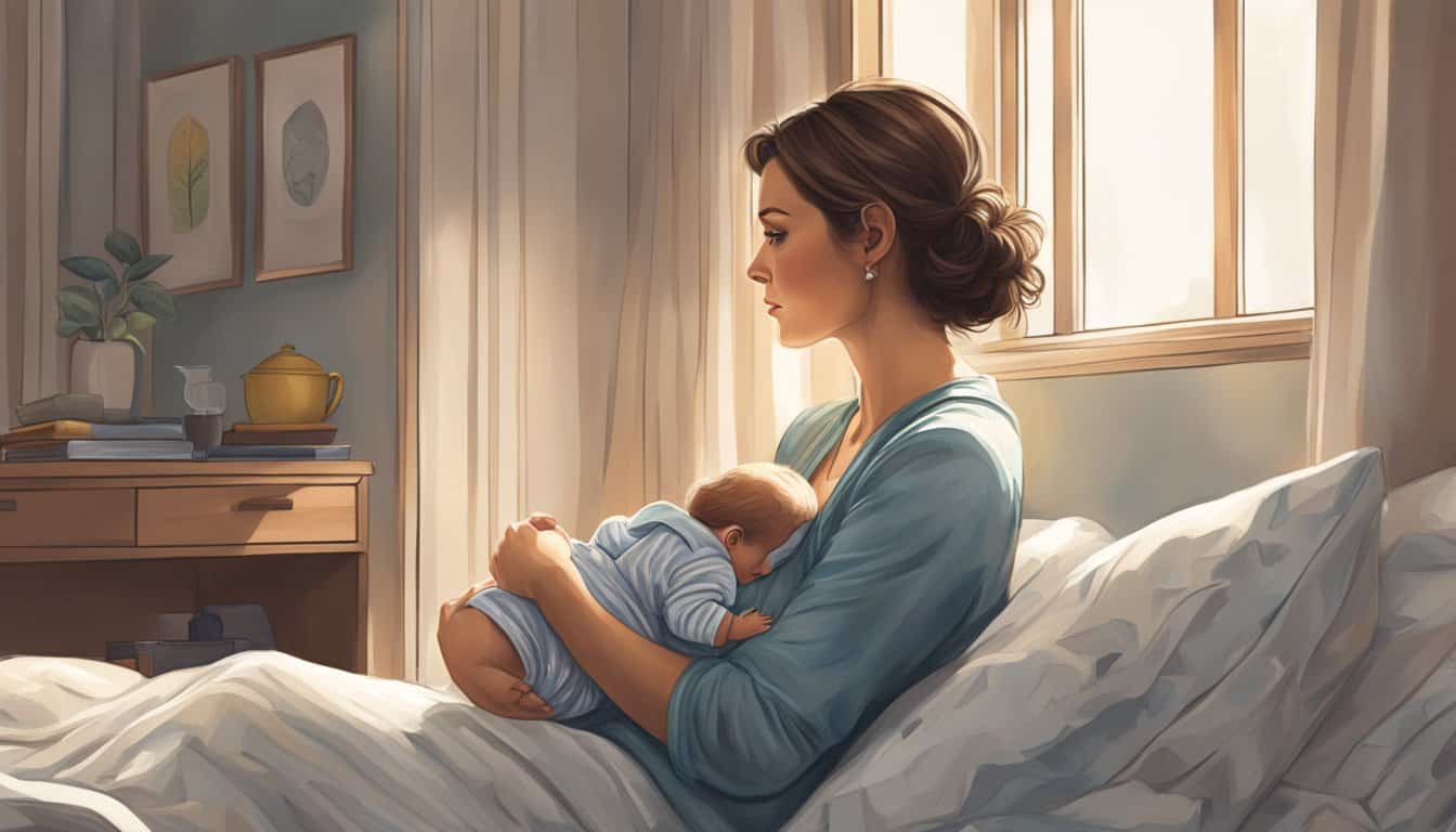 A woman sits on a bed, gazing out the window, holding a baby boy's clothing, with a wistful expression on her face