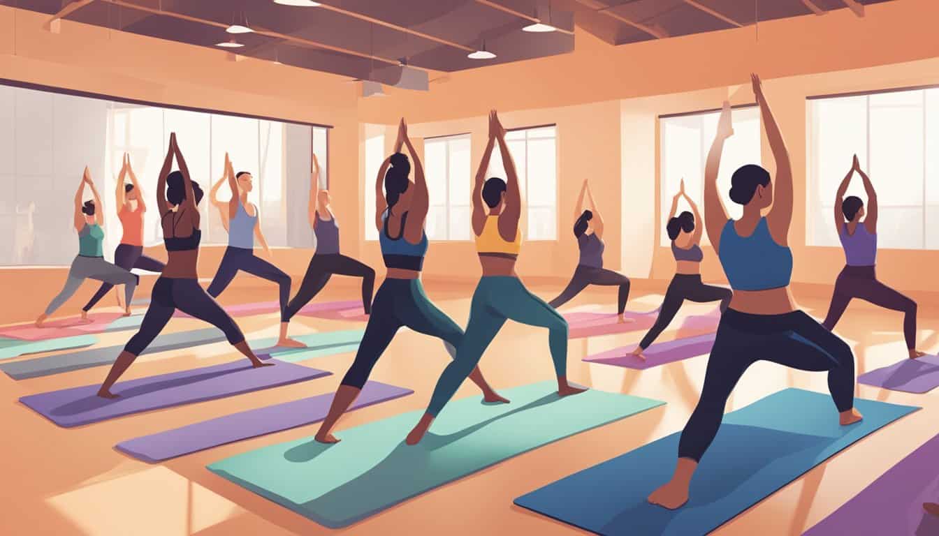 A group of people in a heated studio, performing various yoga poses in a hot yoga class. Another group is seen in a separate studio practicing Bikram yoga, focusing on a specific sequence of 26 poses