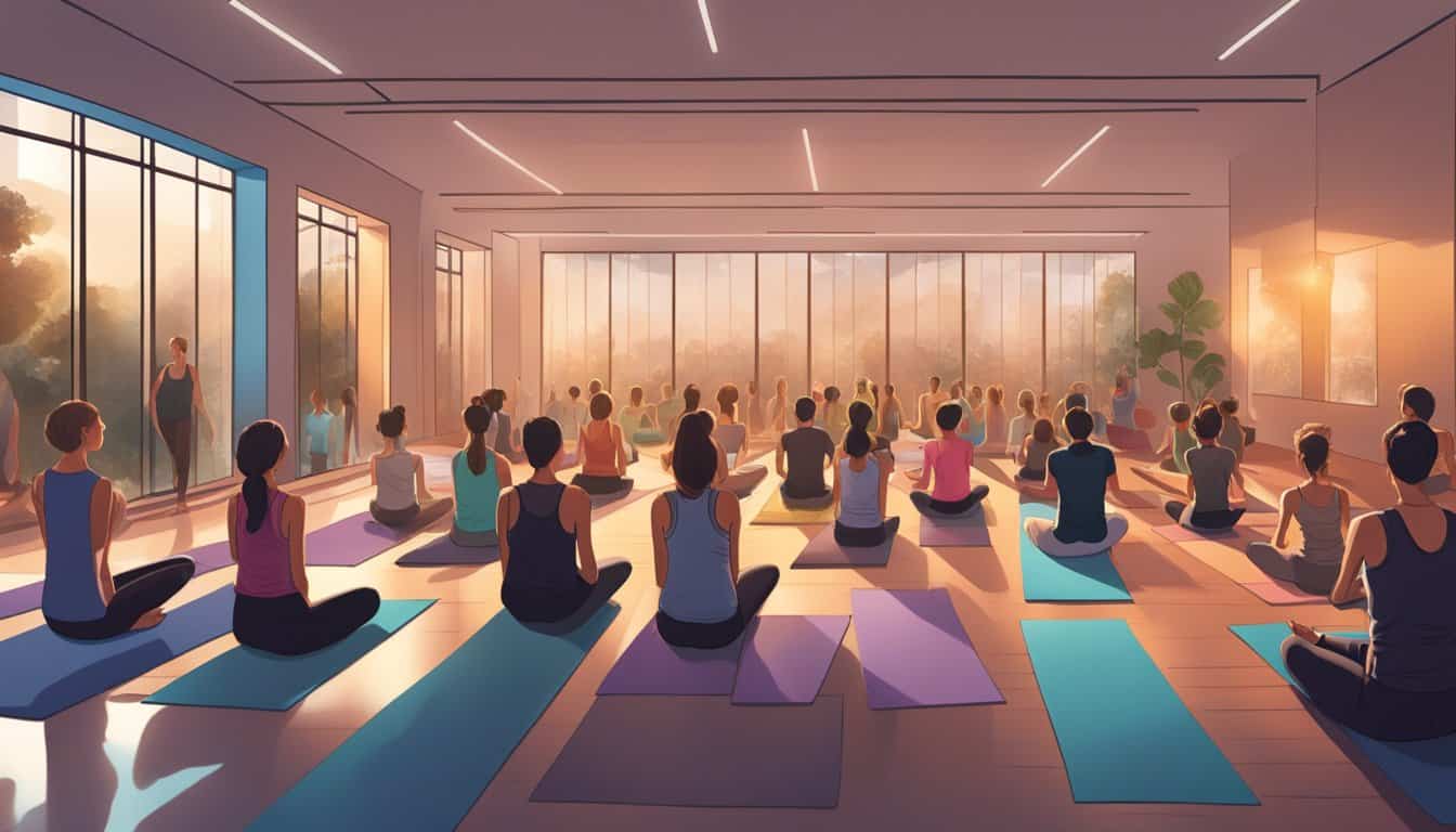 A dimly lit room with a mirrored wall, heated to 105°F, filled with students holding challenging yoga poses and sweating profusely