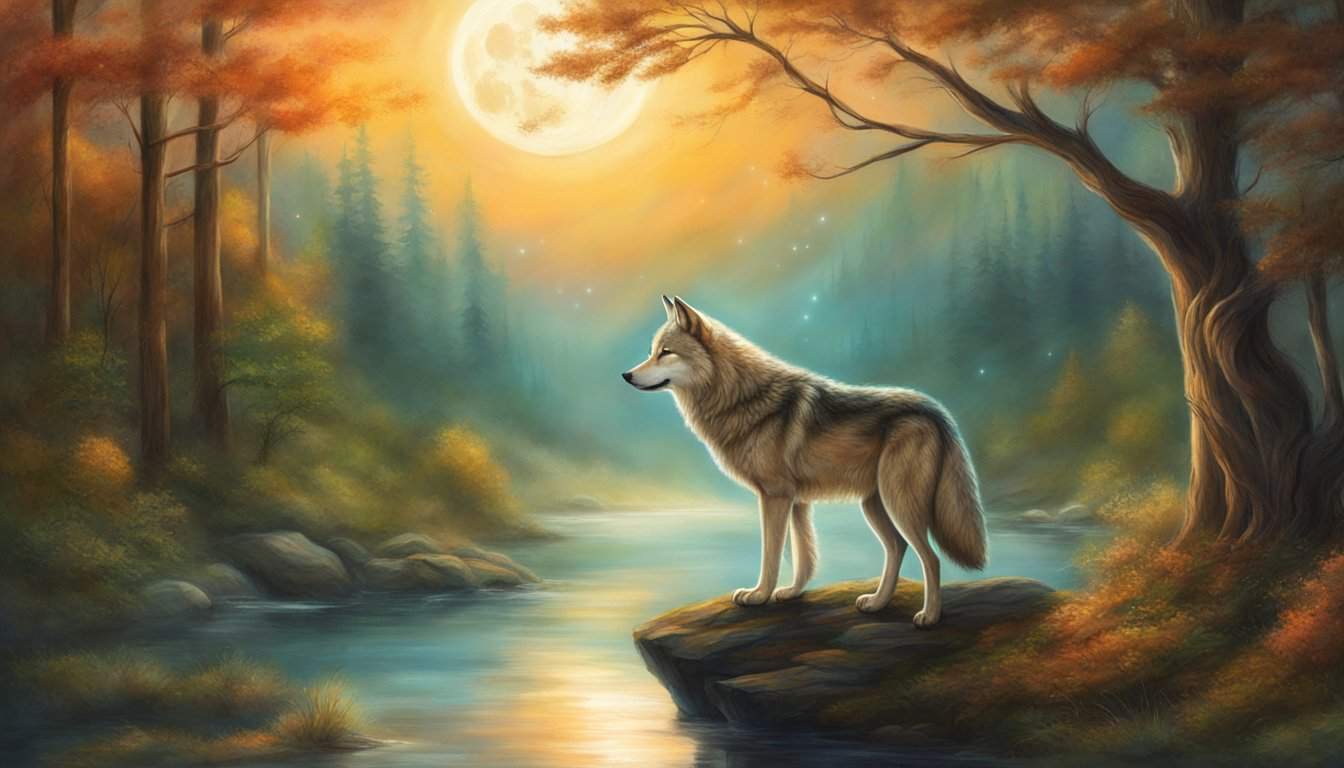 A wolf howls at a full moon, surrounded by a forest and a flowing river