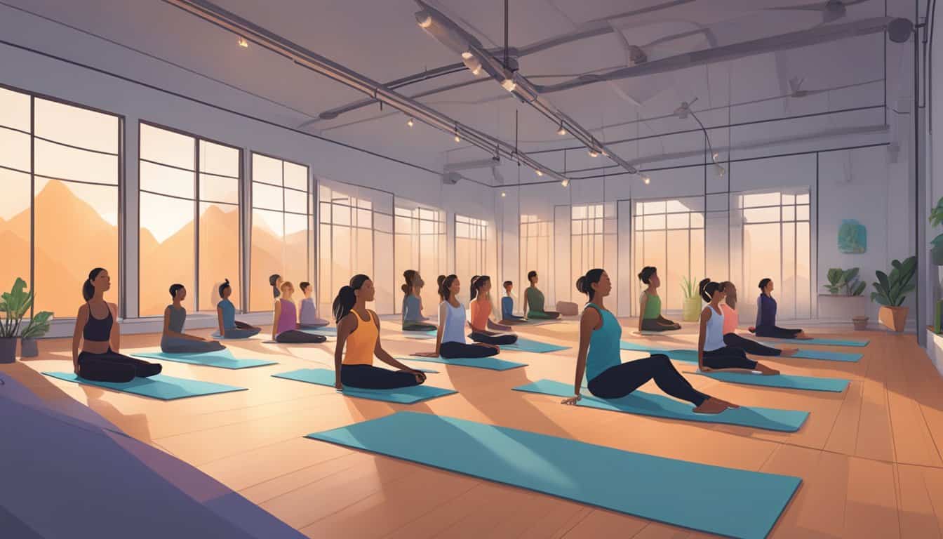 A serene studio with dim lighting, heated to 105°F, filled with students practicing yoga poses in sync with their breath