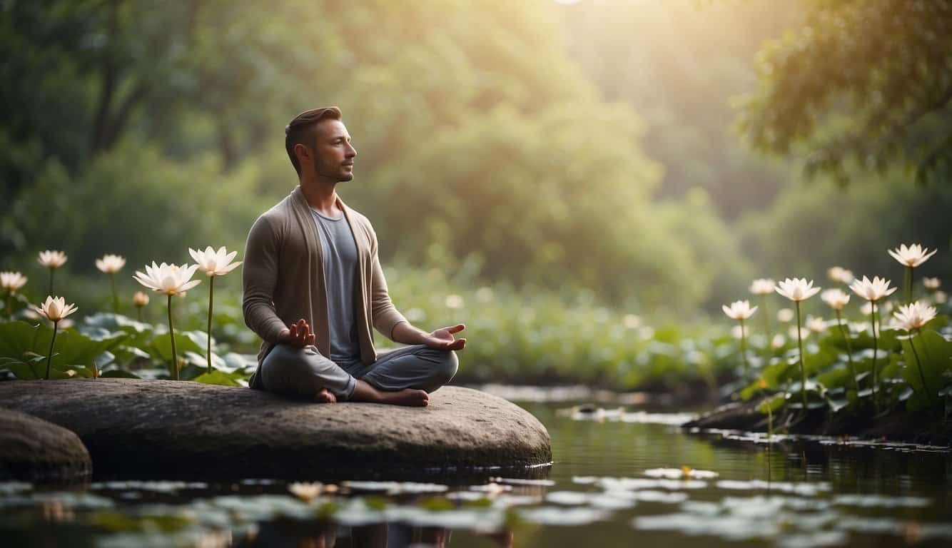 A serene figure meditates in lotus position, surrounded by nature. Nearby, another figure practices gentle yoga poses, exuding peace and balance