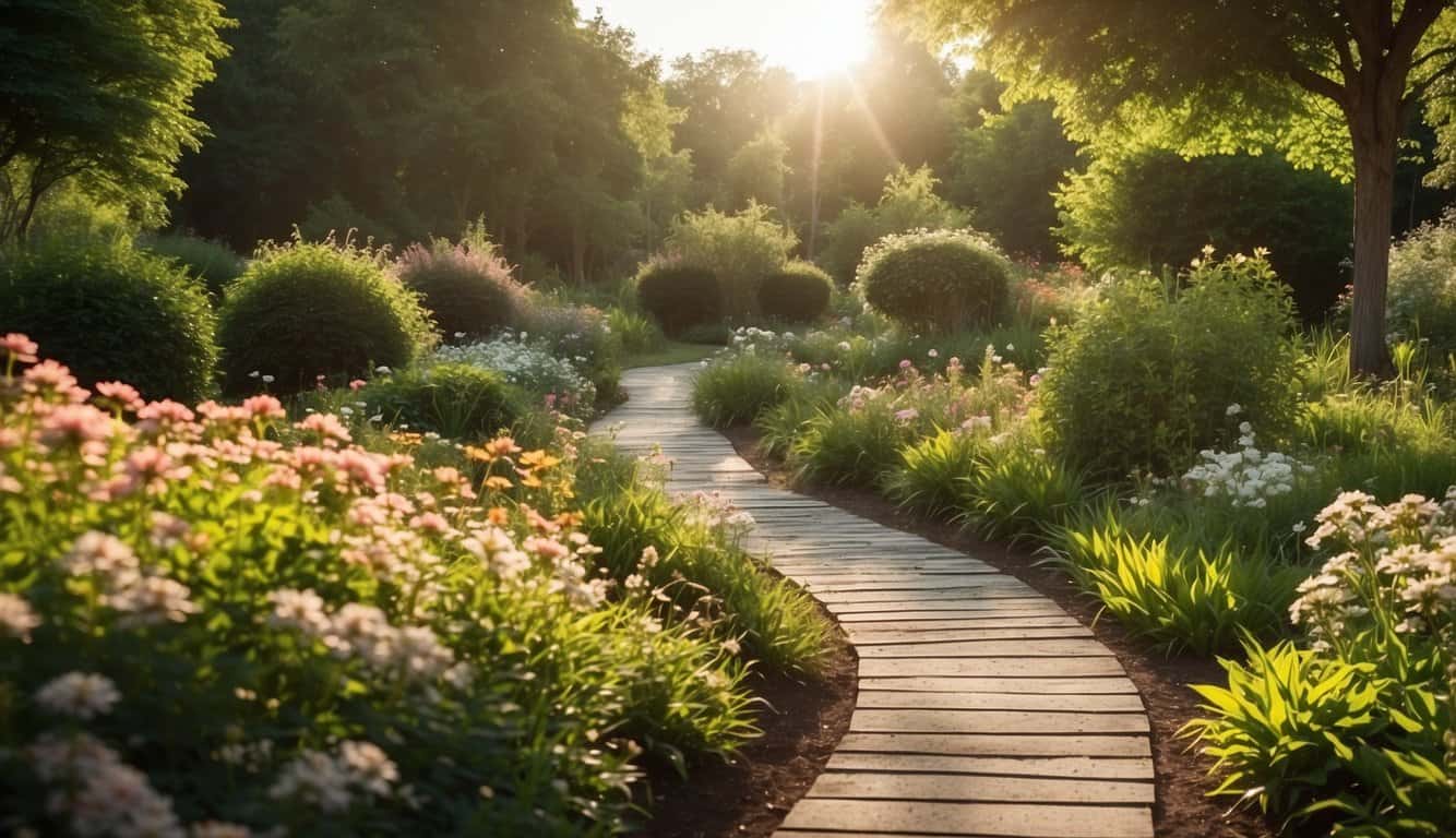 A serene garden with a winding path leading to a tranquil pond, surrounded by lush greenery and blooming flowers. A clear sky above with the sun shining down, creating a peaceful and harmonious atmosphere