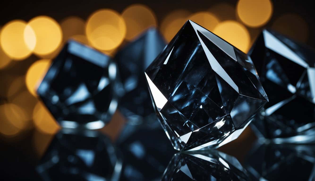 A black crystal gleams with mystery, reflecting dim light
