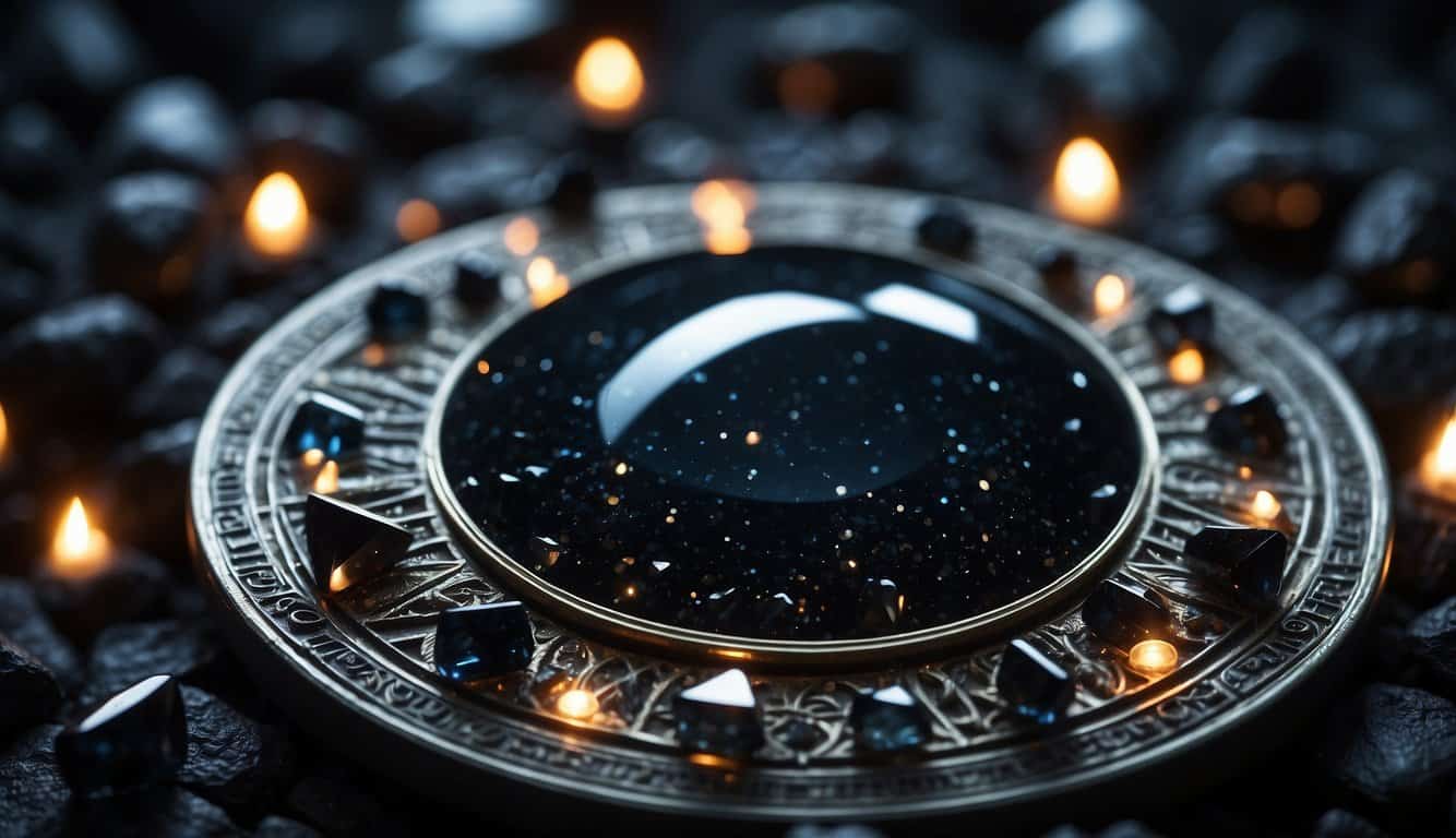 Black crystals arranged in a circular formation, emanating a mystical aura, surrounded by ancient artifacts and symbols of power and knowledge