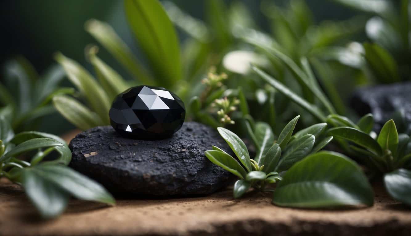 A black crystal emits a soothing energy, surrounded by plants and natural elements. Its healing properties are represented through the calm and peaceful atmosphere it creates