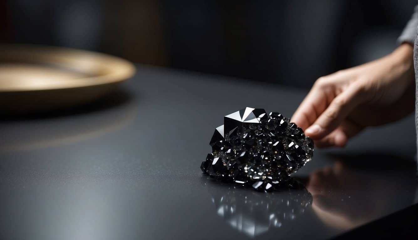 A hand selects a black crystal from a collection, then carefully cleans and polishes it