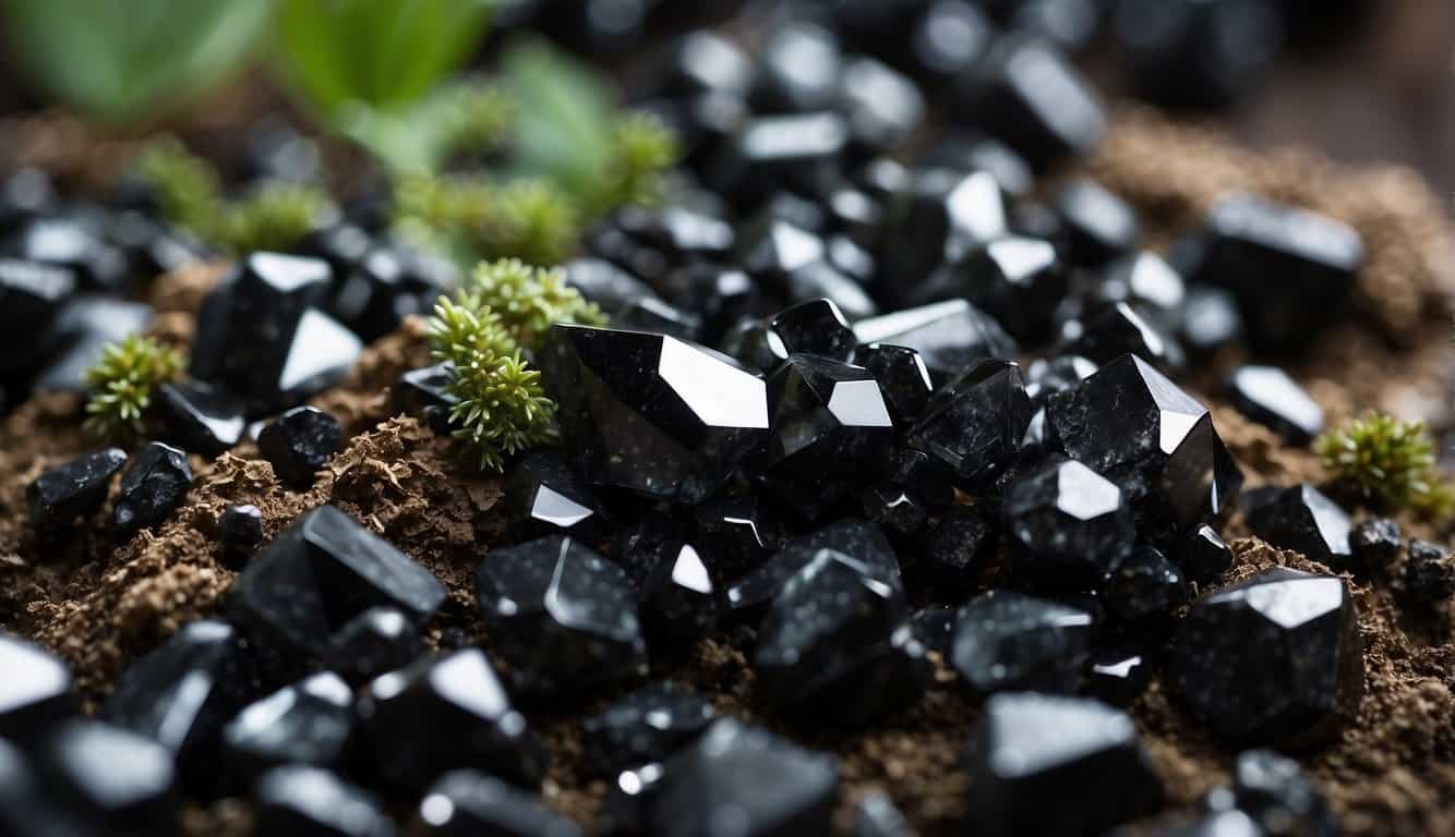 Black crystals emerge from the earth, intertwining with nature's elements, infusing life with their powerful energy