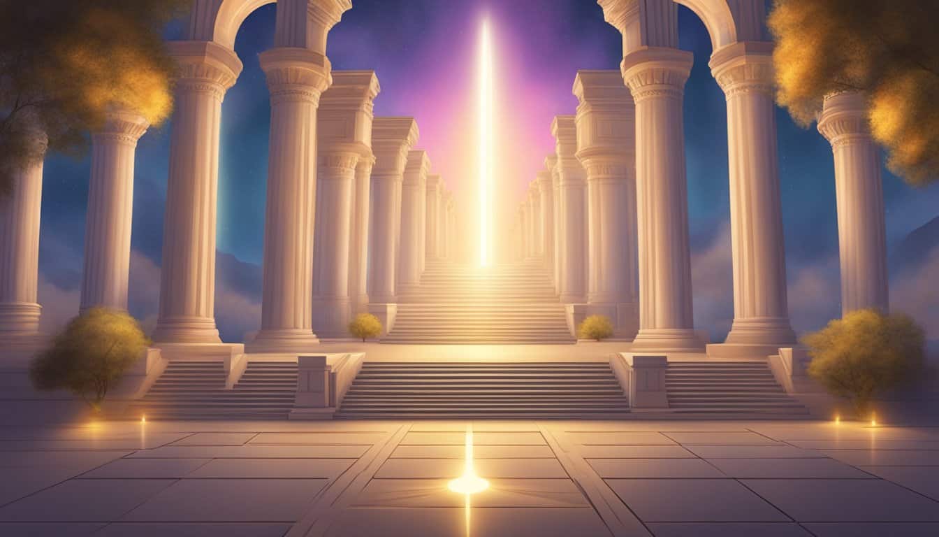A glowing path leads to a grand temple with four pillars, each bearing the number 8. Above, a radiant light forms the angel number 8888