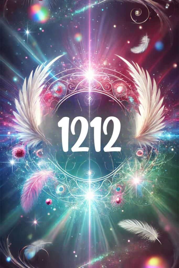 number 1212, with the digits 12 appearing twice in a prominent and unobstructed way. The vibrant and colorful background, along with ethereal elements like angel wings and sparkles, enhances the spiritual and cosmic significance of the number.