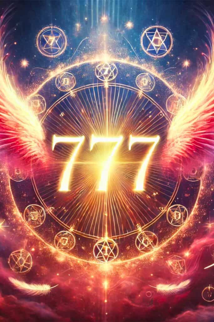 the meaning of angel number 777. It prominently features the number 777 in a glowing font, surrounded by ethereal elements like angel wings, sparkles, and soft light beams. The mystical gradient background with shades of red adds a spiritual and enlightening atmosphere, with subtle symbols conveying the divine and cosmic significance of the number.