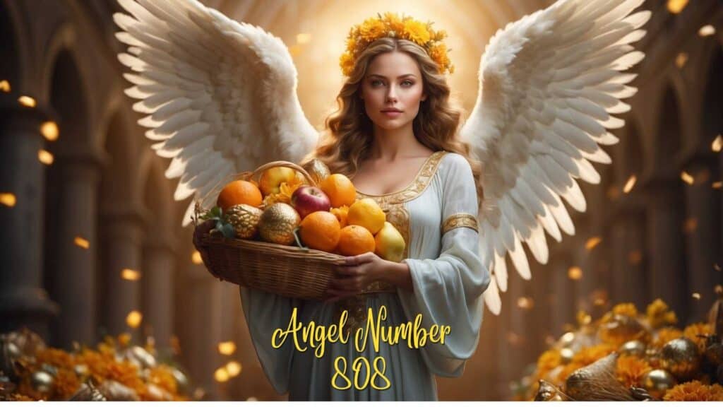 Angel holding a basket of fruit representing teh angel number 808