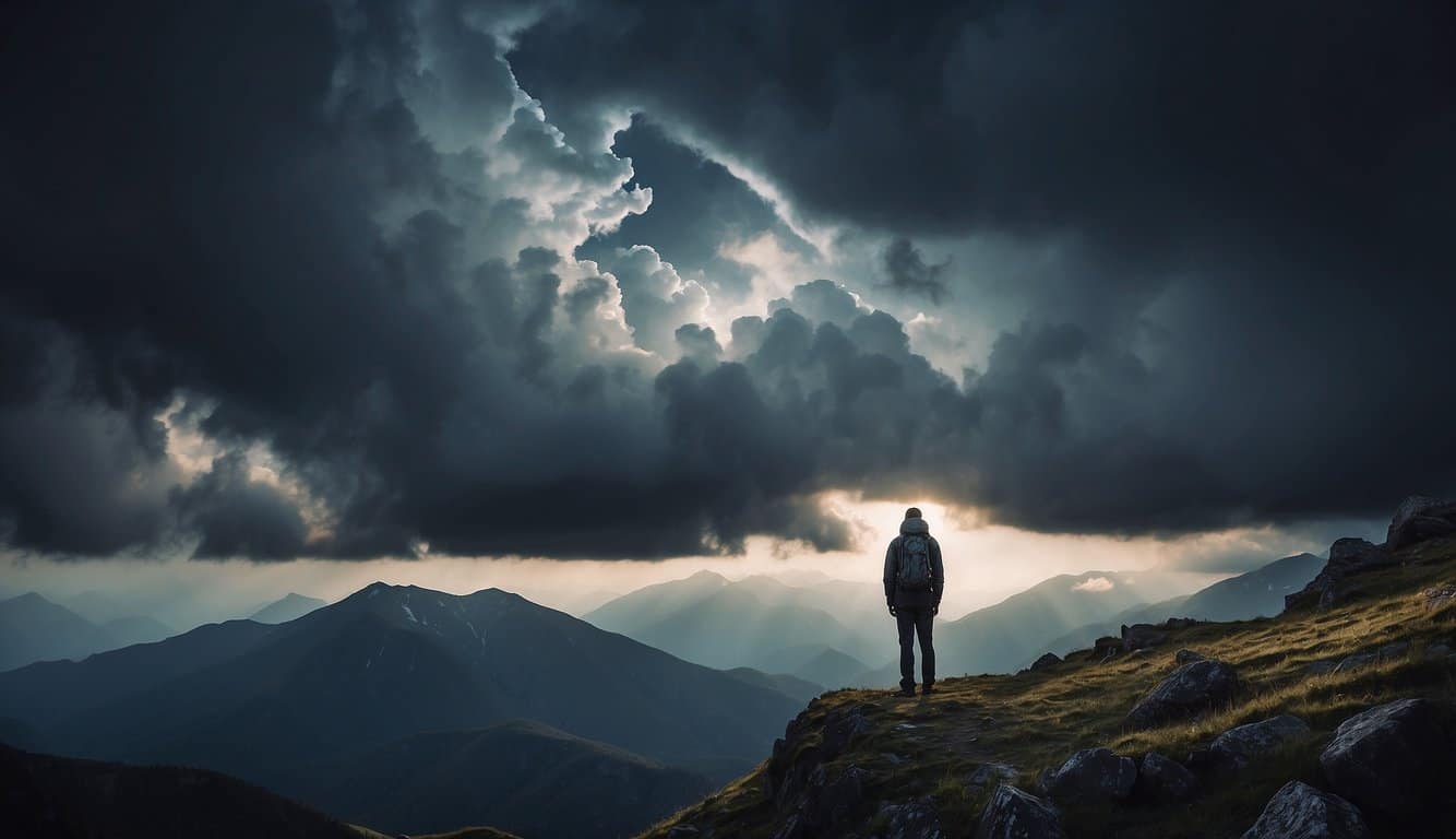 A figure stands at the peak of a mountain, surrounded by storm clouds. The number 44444 glows brightly, symbolizing the strength to overcome challenges