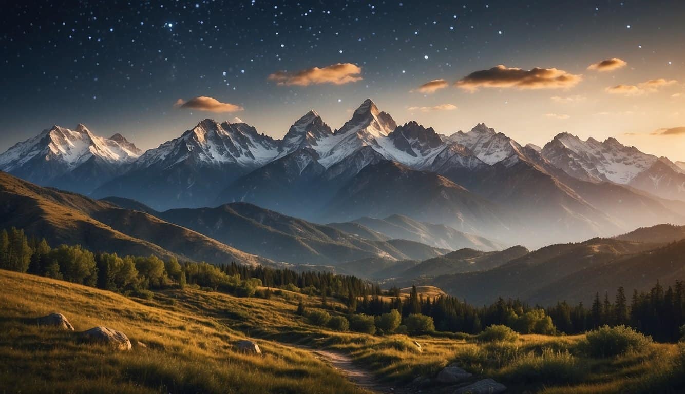 A serene landscape with four prominent mountains, each with four distinct peaks, under a sky filled with four bright stars