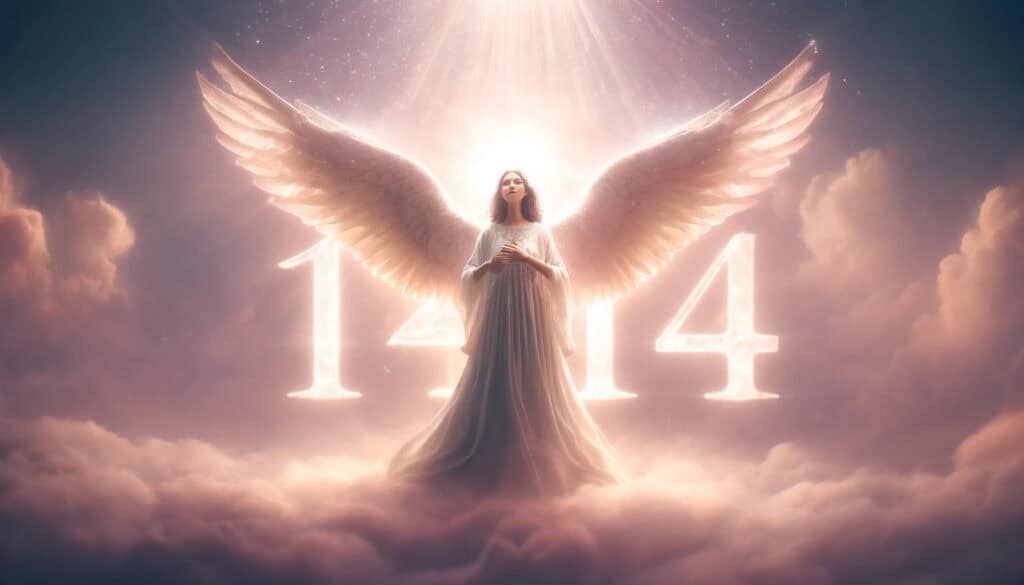 Angel number 1414 featured image showing a guardian angel with the number 1414 behind