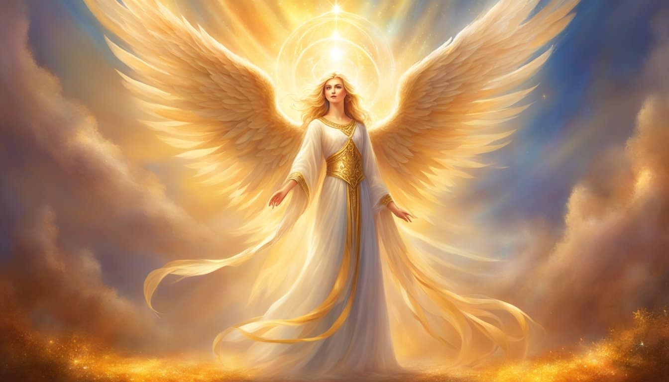 A bright, glowing angelic figure stands in a beam of light, surrounded by the number 1119 in shimmering golden hues