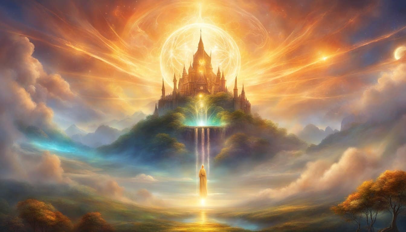 A glowing number 1119 hovers above a serene landscape, surrounded by celestial light and symbols of spiritual guidance