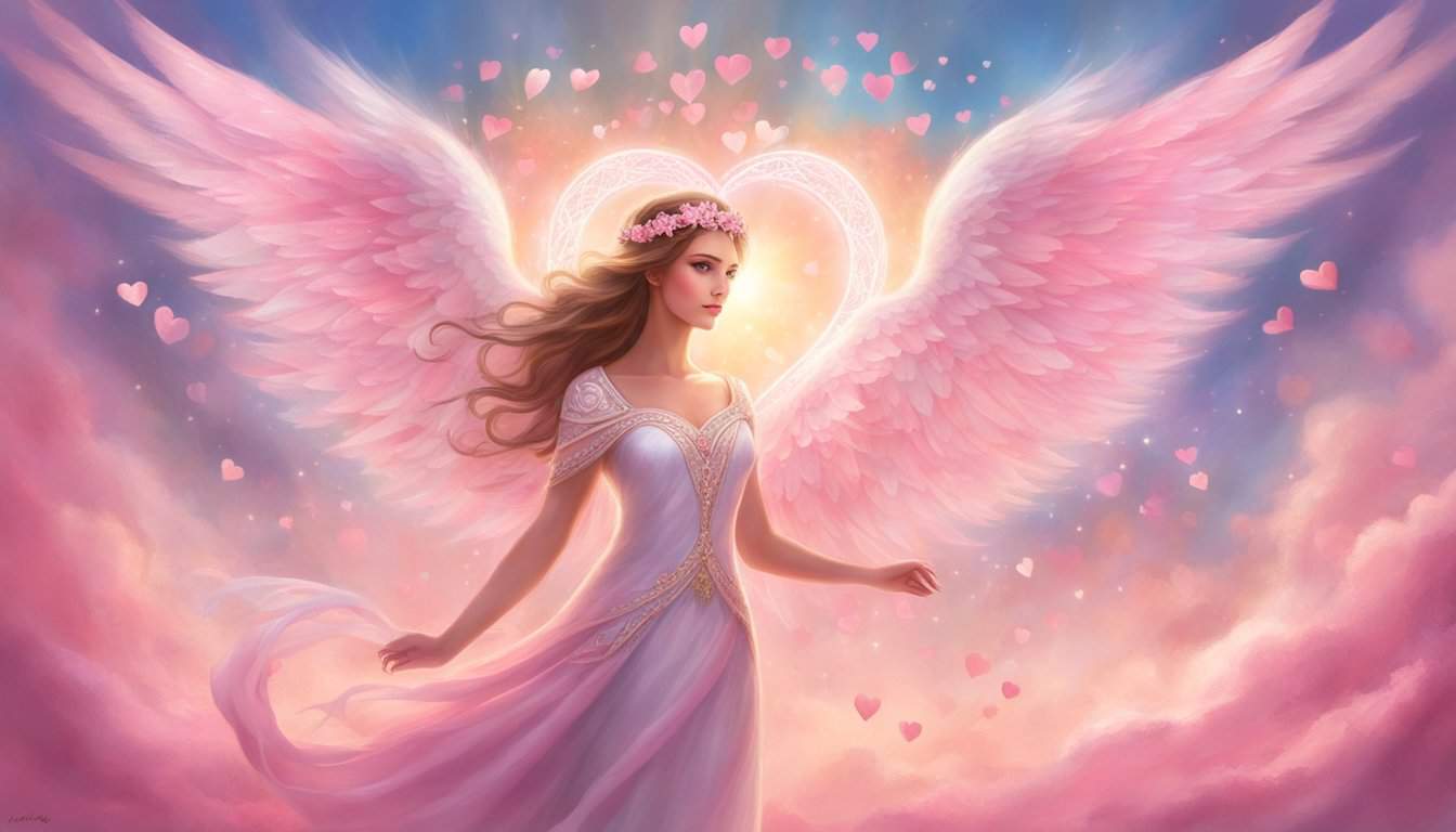 Angel Number 1119 radiates pink and white light, surrounded by heart-shaped symbols, representing love and unity