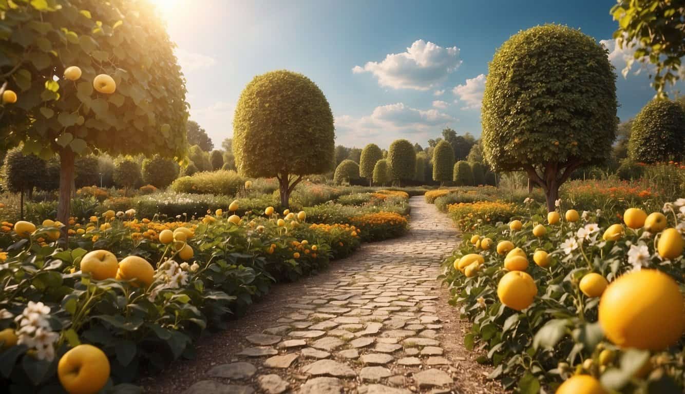 A golden path leads to a flourishing garden with abundant fruits and blooming flowers, surrounded by the number 44 repeated in the sky