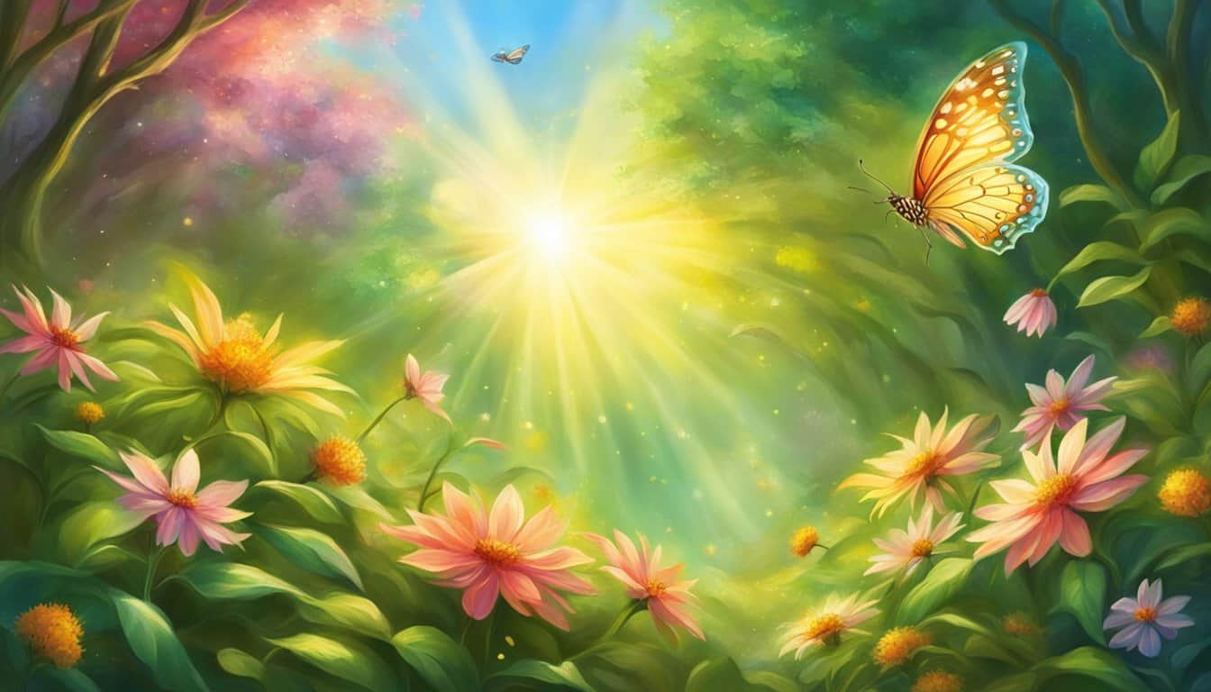 A serene garden with blooming flowers and a butterfly resting on a vibrant green leaf, surrounded by rays of golden sunlight