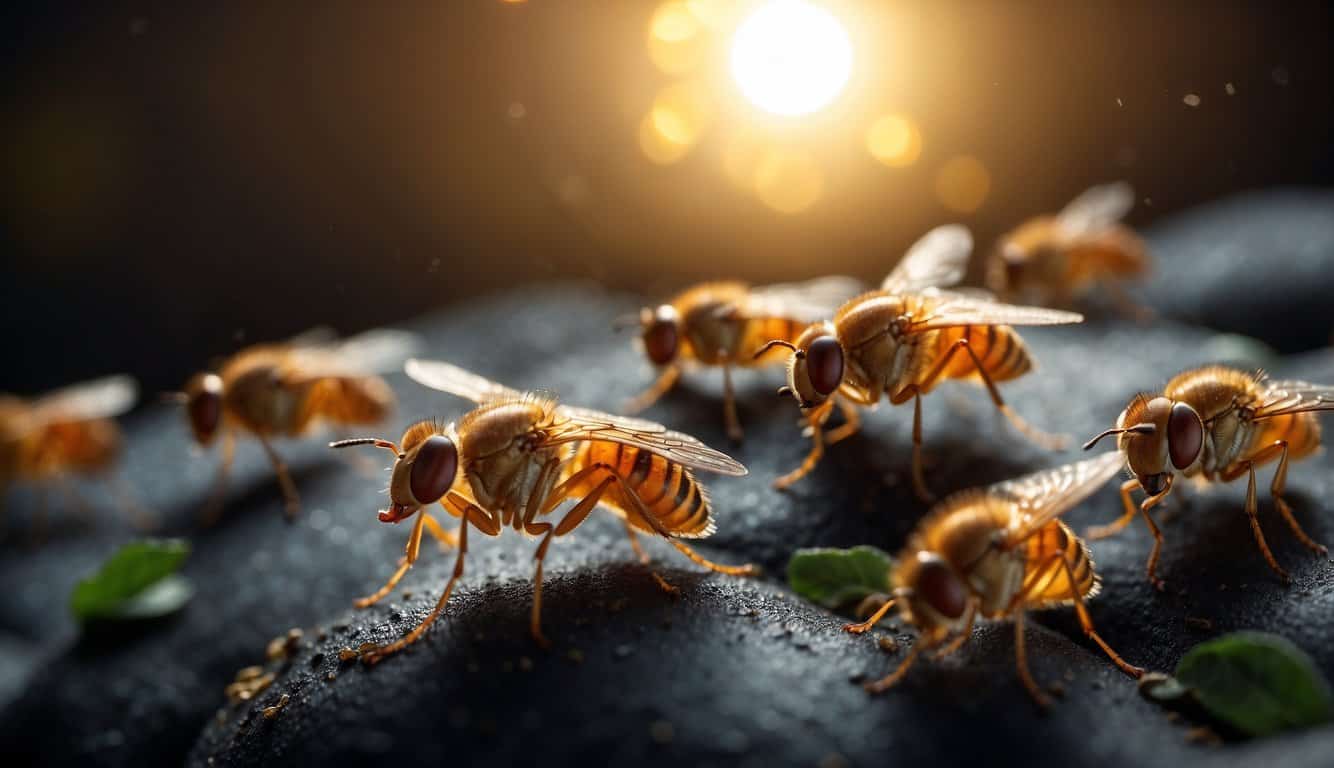 A swarm of fruit flies hovers around a ripe, decaying fruit, symbolizing the cycle of life and death. The ethereal glow around them suggests their spiritual significance