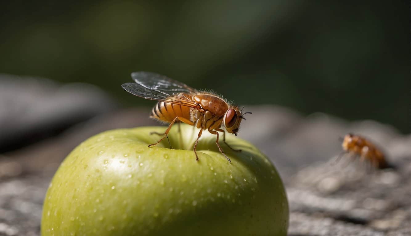 A cluster of fruit flies hovers around a ripe apple, symbolizing the fleeting nature of life and the interconnectedness of all living beings