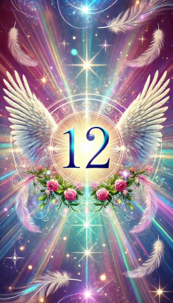 digits 12 appearing in a prominent and unobstructed way. The vibrant and colorful background, along with ethereal elements like angel wings and sparkles, enhances the spiritual and cosmic significance of the number.