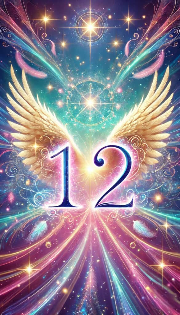 digits 12 appearing in a prominent and unobstructed way. The vibrant and colorful background, along with ethereal elements like angel wings and sparkles, enhances the spiritual and cosmic significance of the number.