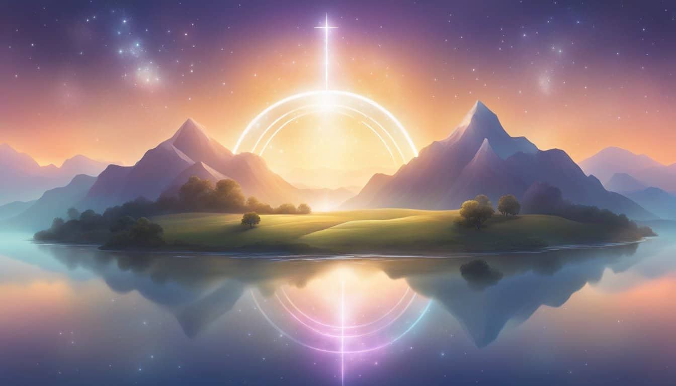 A glowing celestial 2222 symbol hovers above a tranquil landscape, surrounded by ethereal light and a sense of divine presence