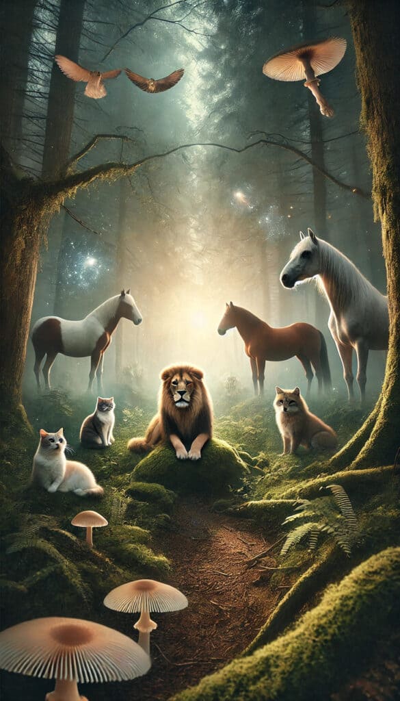 an ethereal woodland setting with a dog, cat, lion, horse, bear, and wolf. The scene is designed to be mystical and serene, capturing the theme of animal spirit guides for your Pinterest image.