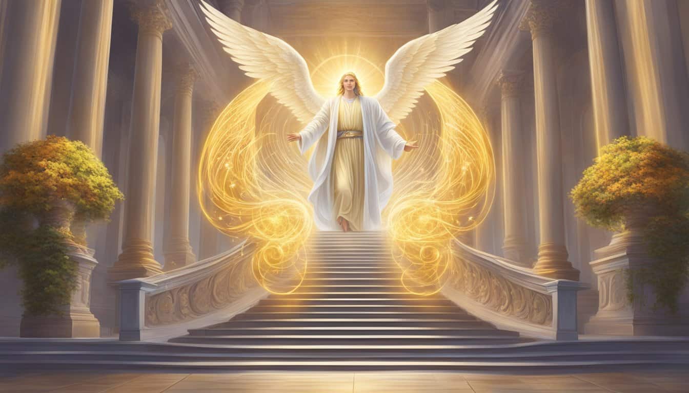 A glowing angelic figure ascends a staircase, surrounded by symbols of enlightenment and growth