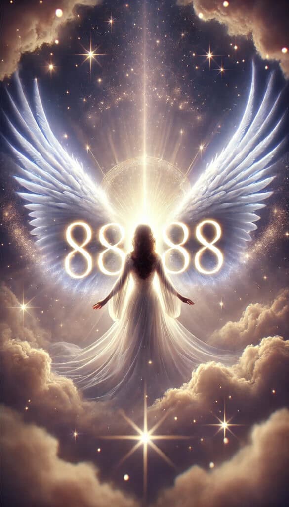 angel number 8888. The number 8888 is prominently displayed in the center, surrounded by ethereal and mystical elements to convey a sense of spirituality and divine guidance.