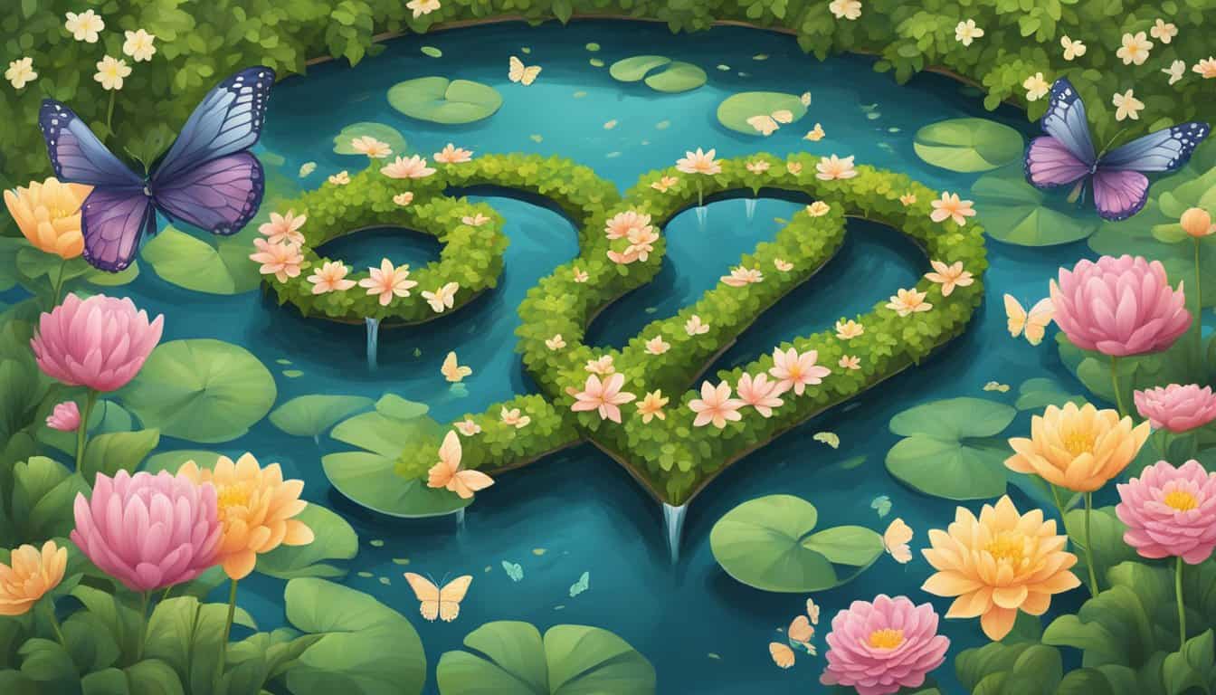 A serene garden with two intertwined vines forming the number "2222" above a heart-shaped pond, surrounded by blooming flowers and butterflies