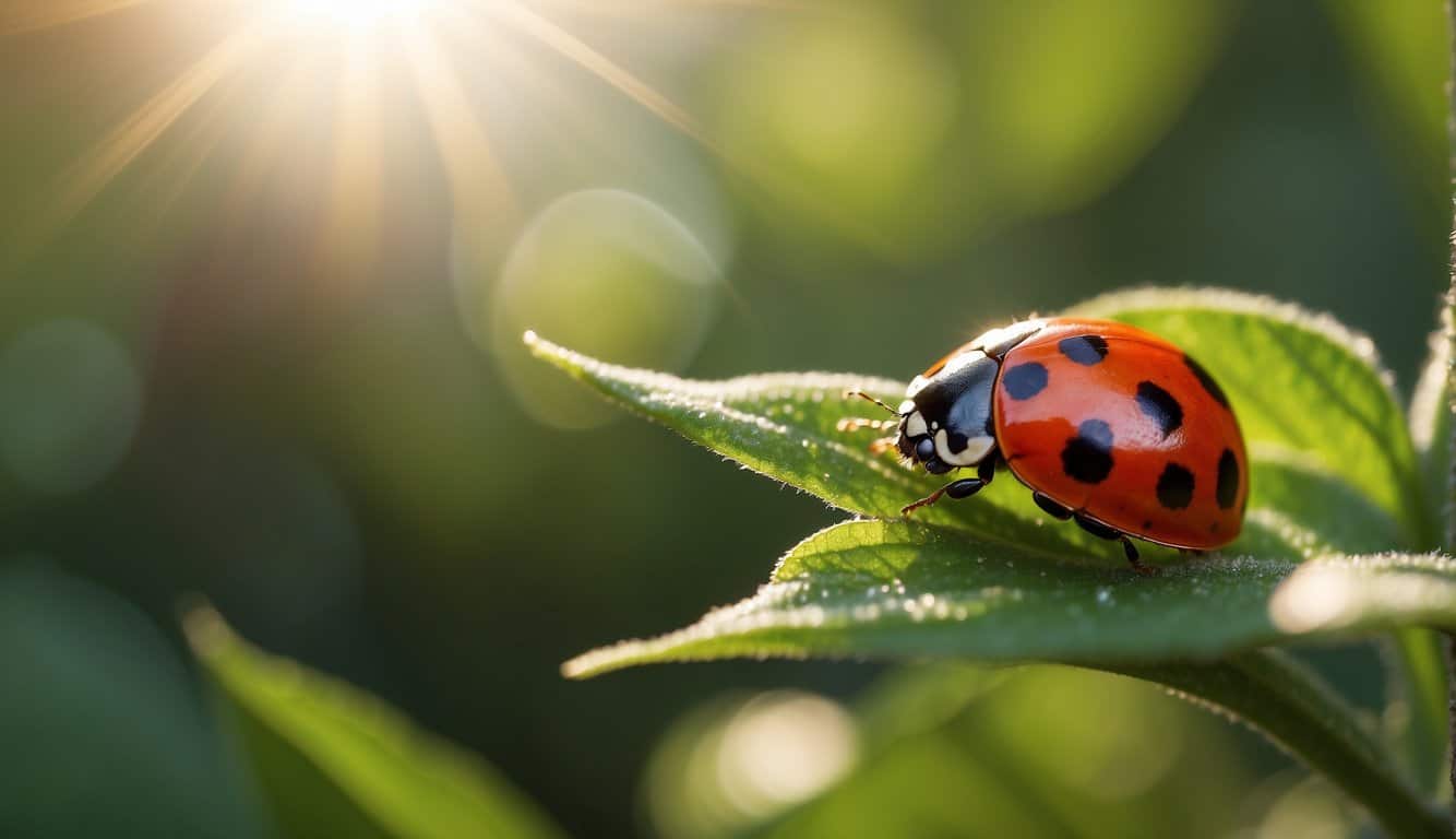 A vibrant red ladybug perched on a green leaf, surrounded by blooming flowers and rays of sunlight