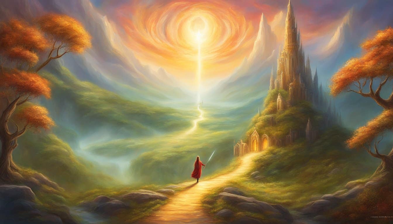 A glowing 39 appears above a serene landscape, guiding a figure towards a path of wisdom and spiritual growth