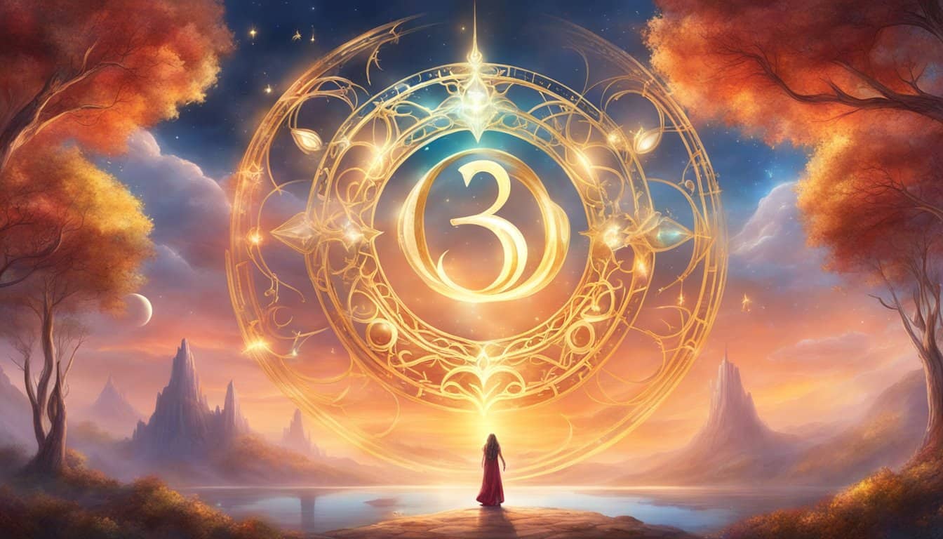 A glowing number 39 hovers above a serene landscape, surrounded by symbols of growth and wisdom