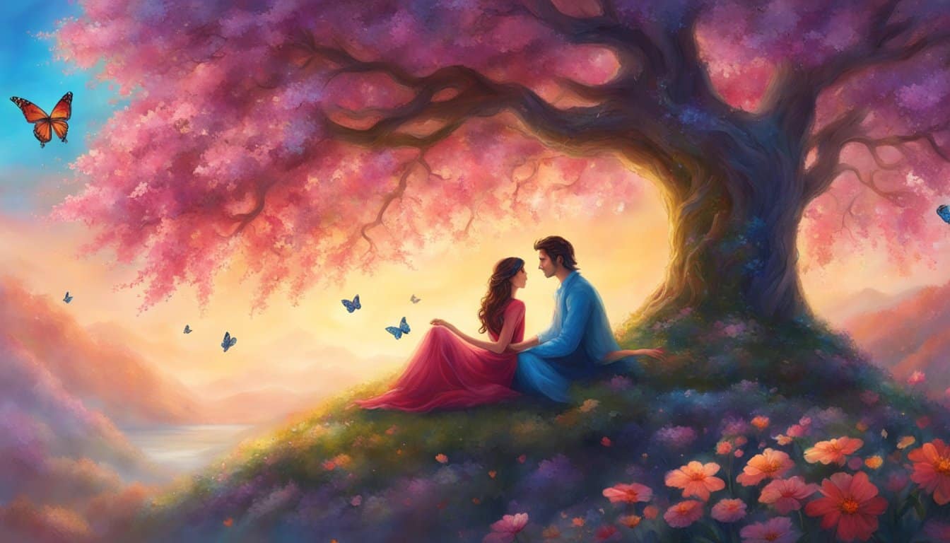 A couple sits under a tree, surrounded by blooming flowers and butterflies. The number 30 is subtly integrated into the scene, symbolizing harmony and love