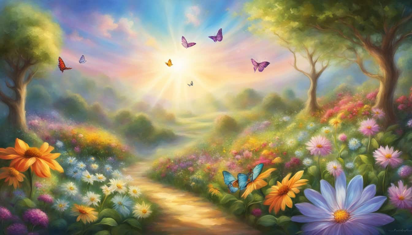 A garden with 30 blooming flowers, each representing personal growth. The sun is shining, and a butterfly hovers nearby