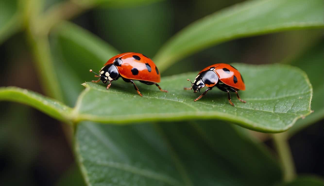 A red ladybug sits on a green leaf, symbolizing good luck and protection in the spiritual realm