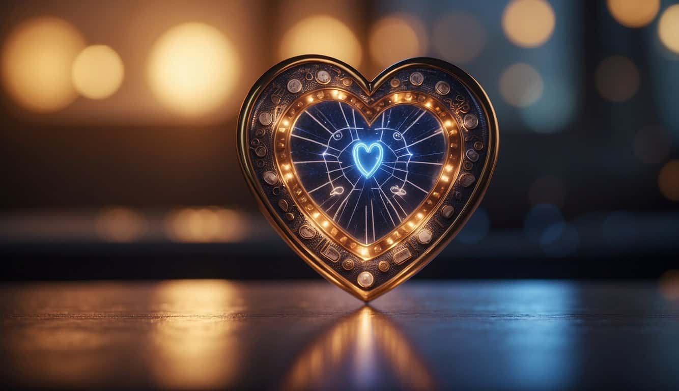 A heart-shaped symbol with the number 808 inside, surrounded by glowing energy and surrounded by symbols of love and connection