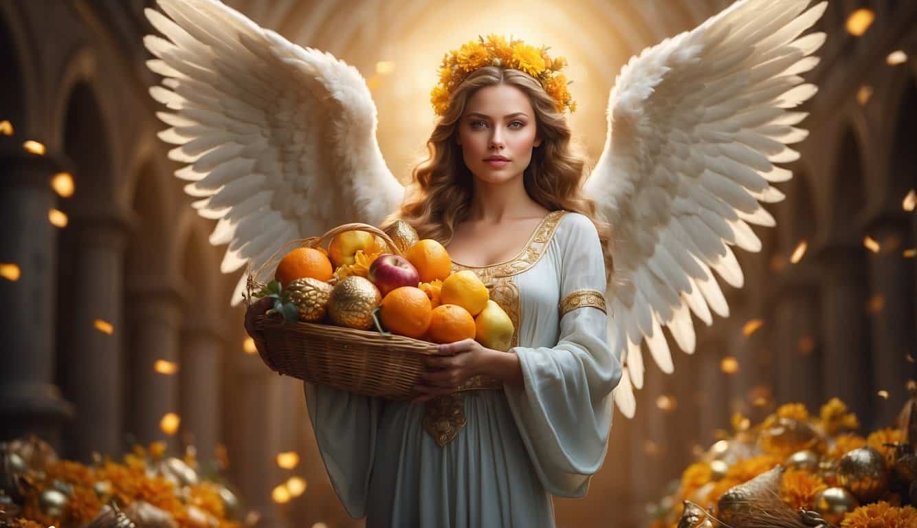 A radiant angel holding a cornucopia overflowing with abundance, surrounded by symbols of manifestation and prosperity