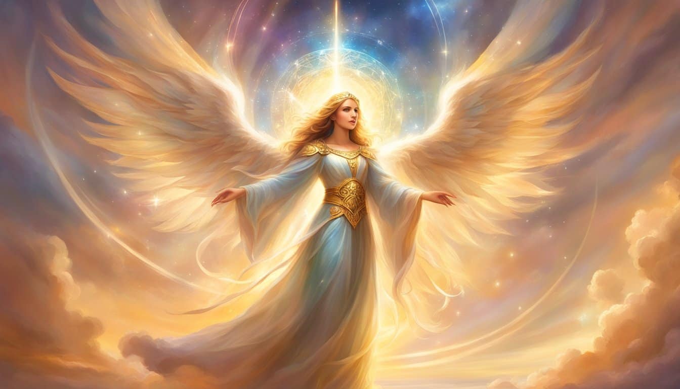 A radiant angelic figure surrounded by beams of light, holding a large number 38 with a sense of purpose and divine guidance