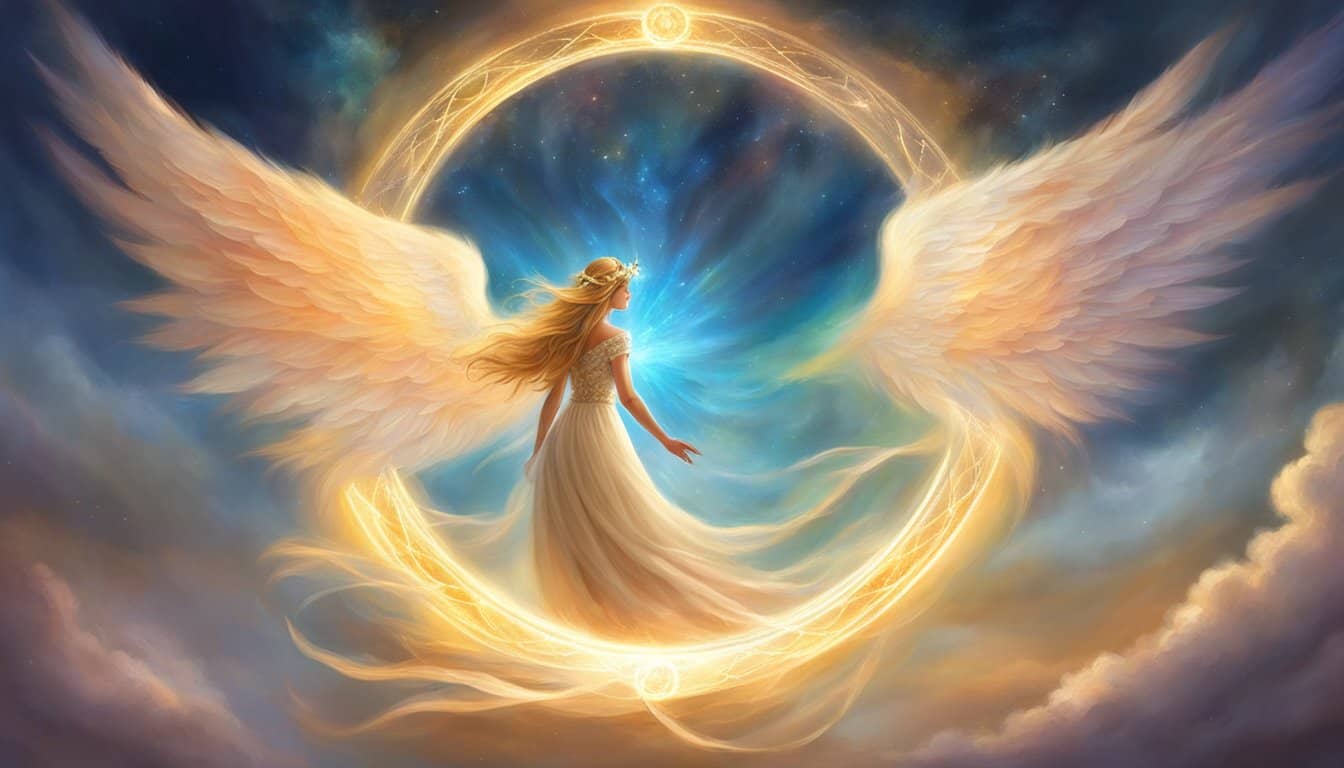 A glowing halo surrounds the number 38, with ethereal wings extending from its sides. The number radiates a sense of divine guidance and spiritual abundance