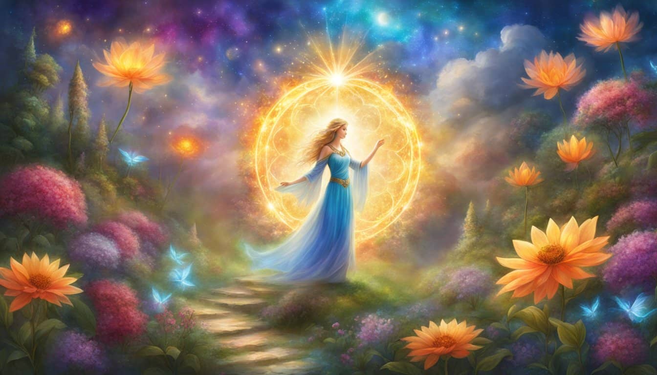 A glowing, celestial figure hovers above a garden, surrounded by blooming flowers and vibrant energy. The number 38 shines brightly, radiating wisdom and guidance