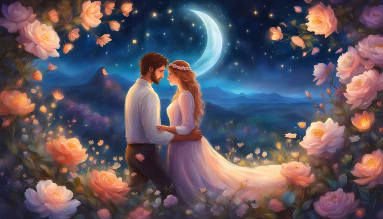 A couple embraces under a starry sky, surrounded by blooming flowers. The number 38 glows above them, symbolizing love and harmony