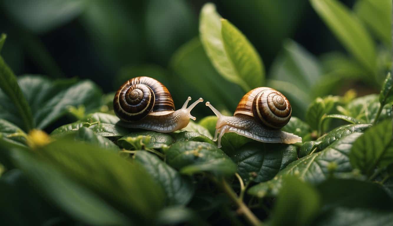 A snail crawling up a lush green plant, surrounded by symbols from different cultures