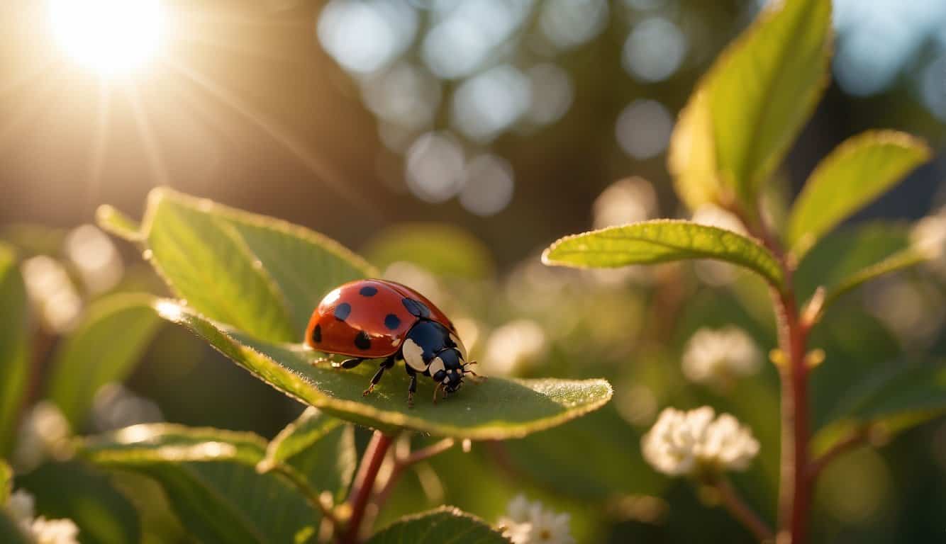 A red ladybug lands on a leaf, surrounded by blooming flowers and a warm, golden sunlight. The atmosphere is peaceful and serene, evoking feelings of love and connection